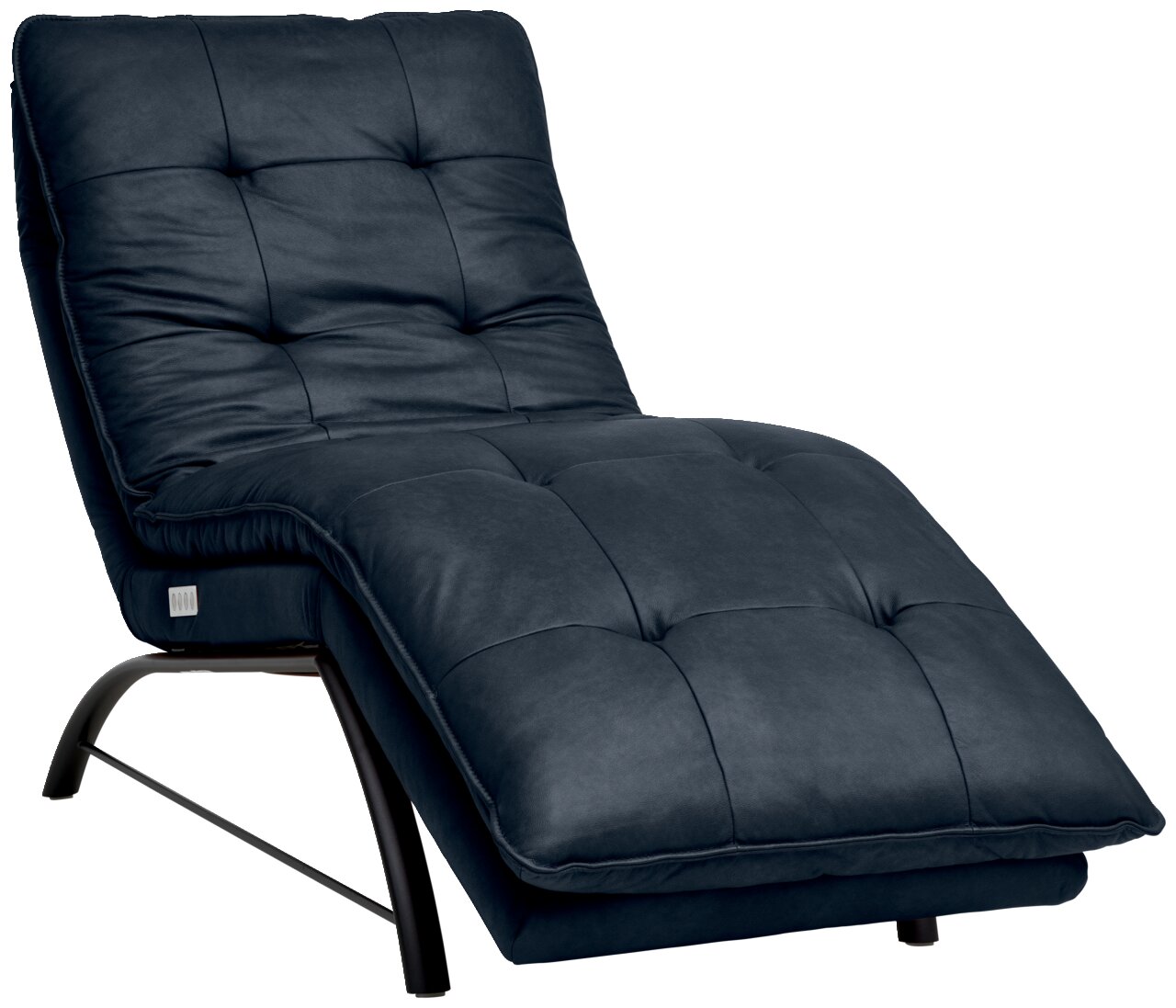 Elegante Liege in dunklem Stoff mit gepolstertem Design, seitliche Perspektive