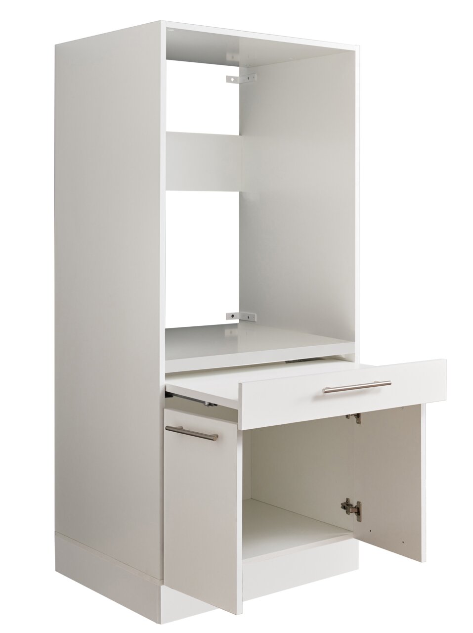 Weißer Geräteschrank mit offener Schublade und Tür, seitliche Perspektive