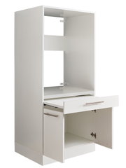 Weißer Geräteschrank mit offener Schublade und Tür, seitliche Perspektive