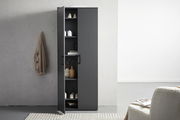 Moderner XL-Schuhschrank in dunklem Design, teilweise geöffnet, mit mehreren Fächern, aus der Perspektive von vorne rechts fotografiert.