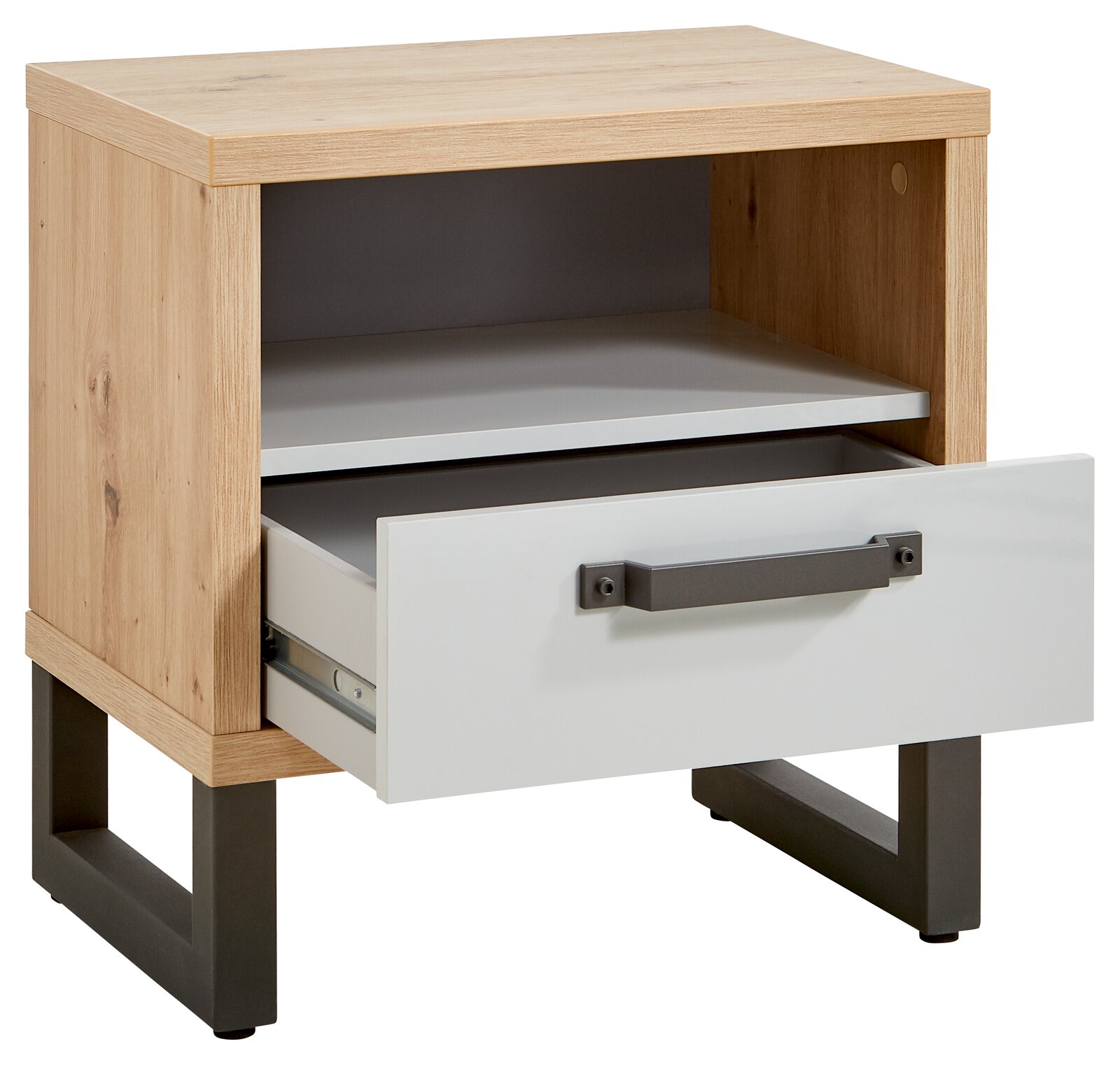 Nachtkonsole aus Holz mit offenem Fach und einer Schublade, Perspektive von vorne links