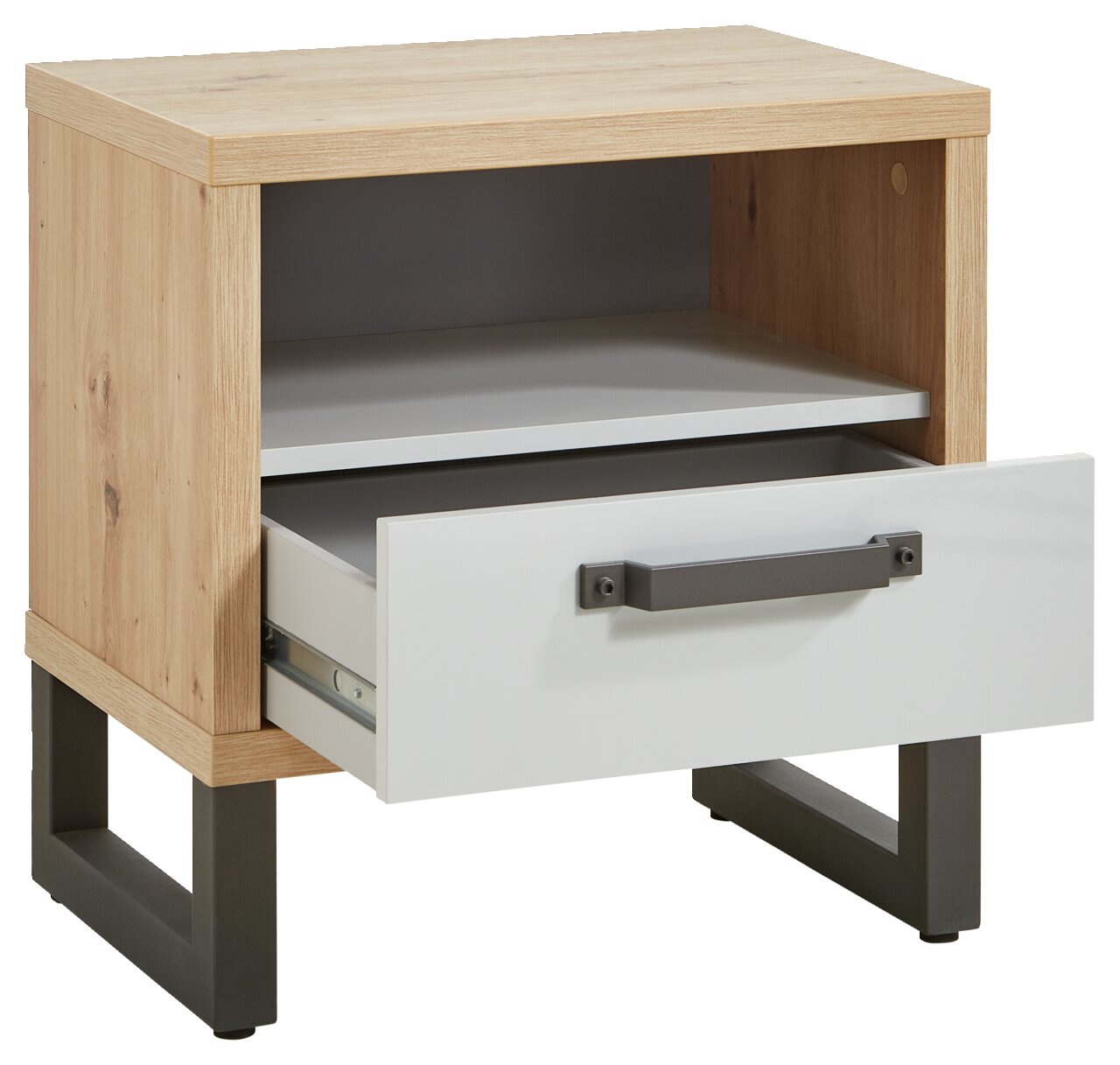 Nachtkonsole aus Holz mit offenem Fach und einer Schublade, Perspektive von vorne links