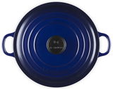 Runder blauer Bräter mit Deckel, Draufsicht