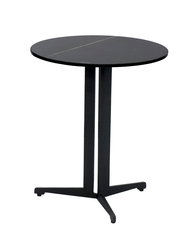 Runder, schwarzer Beistelltisch mit drei Beinen, seitliche Perspektive