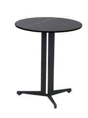 Runder, schwarzer Beistelltisch mit drei Beinen, seitliche Perspektive