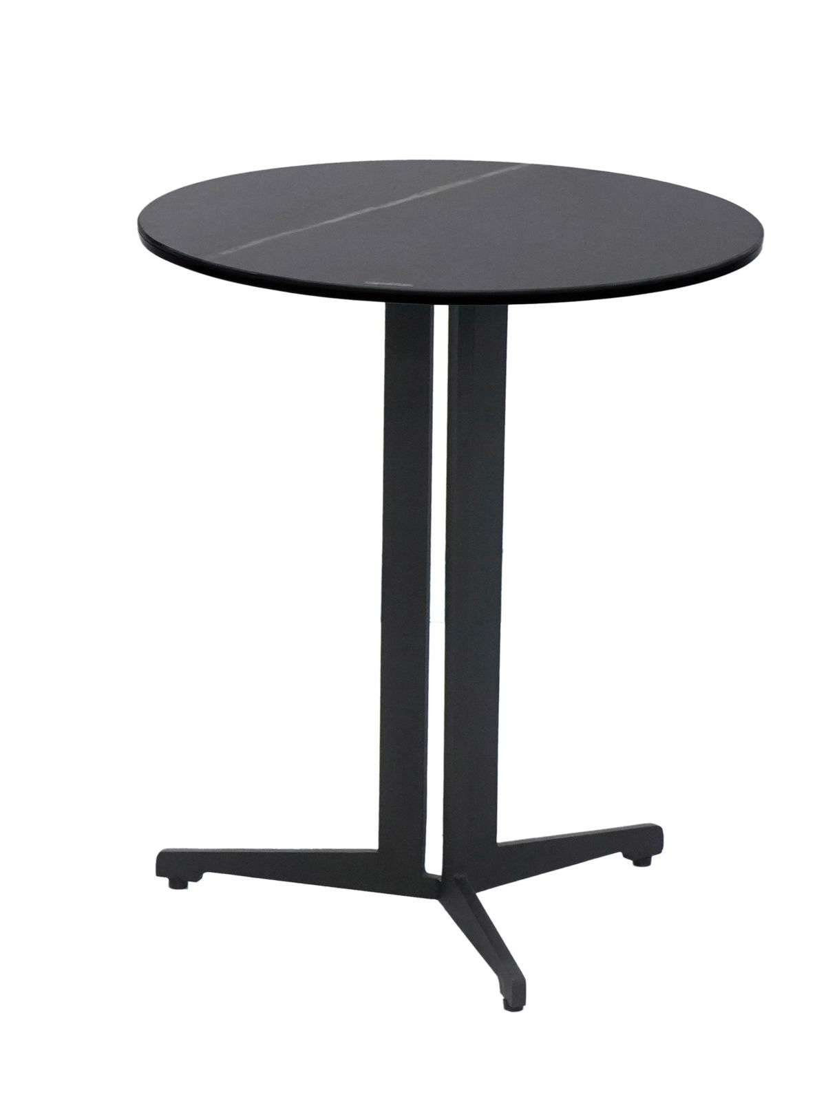 Runder, schwarzer Beistelltisch mit drei Beinen, seitliche Perspektive