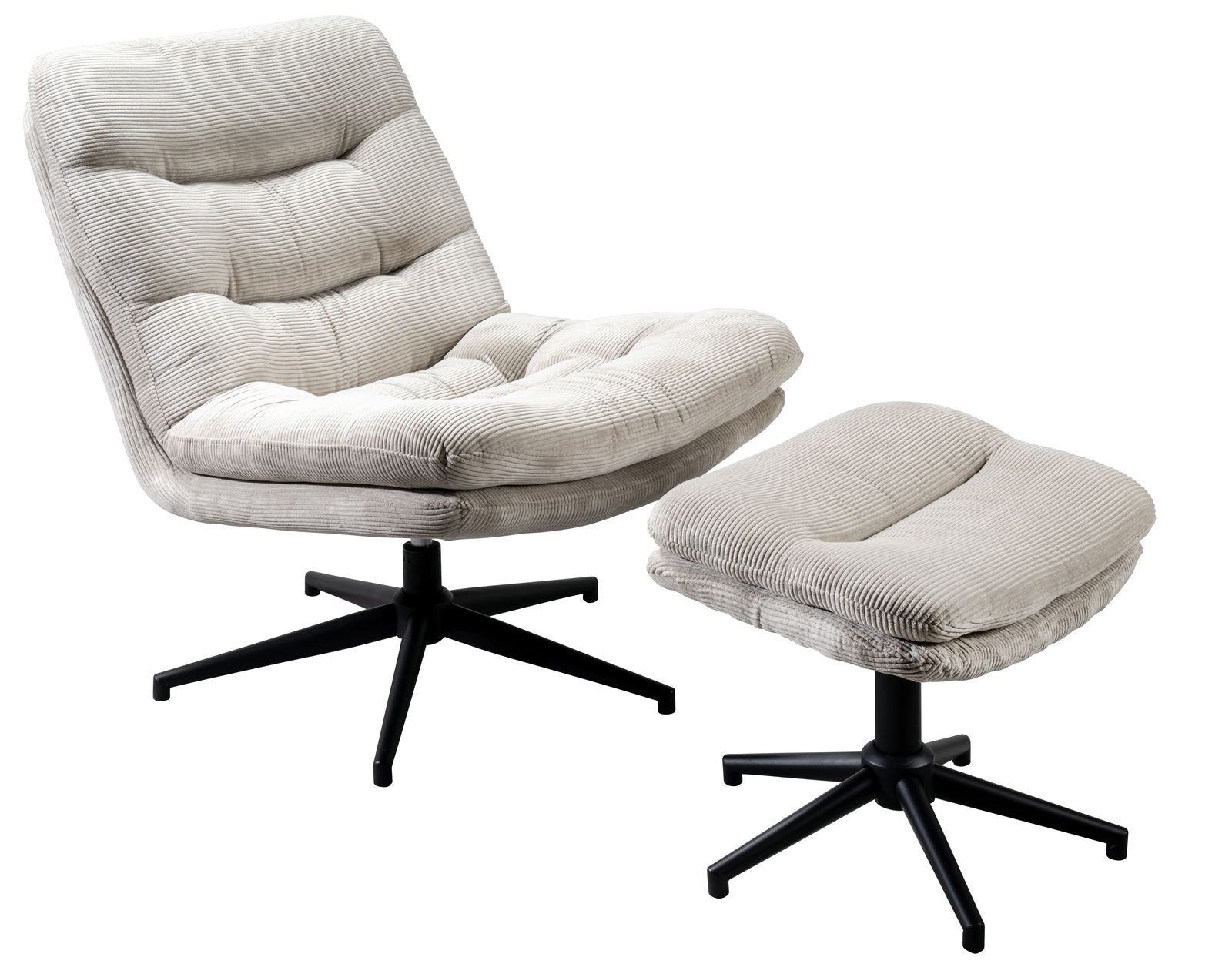 Cantus Sessel mit Hocker SANDY Drehbarer Sessel mit Hocker in hellgrauem Stoff, seitliche Perspektive