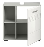 Waschbeckenunterschrank in grauer Farbe mit vier offenen Fächern und einer weißen Tür, die leicht geöffnet ist. Frontalansicht.