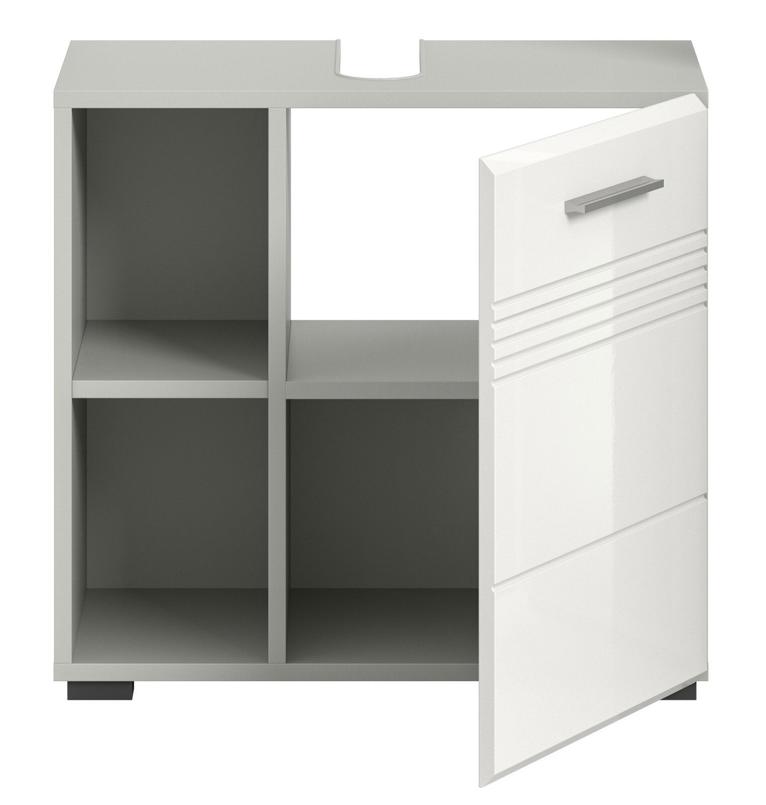 Waschbeckenunterschrank in grauer Farbe mit vier offenen Fächern und einer weißen Tür, die leicht geöffnet ist. Frontalansicht.