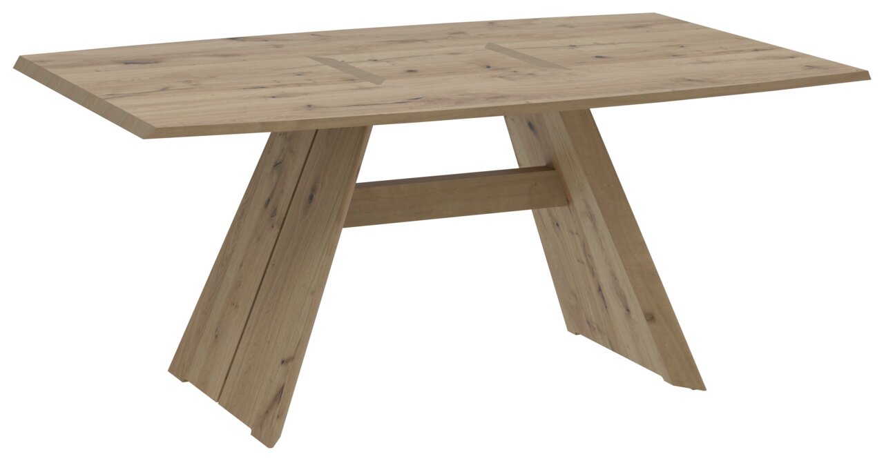 Moderner Esstisch aus Holz mit schrägen Beinen, seitliche Perspektive