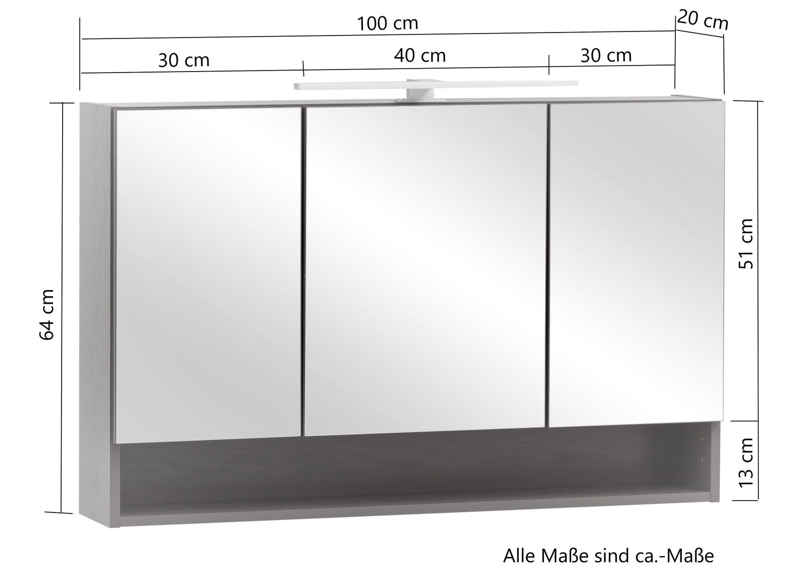 Spiegelschrank mit drei Türen, Frontansicht, Maße: 100 cm Breite, 64 cm Höhe, 20 cm Tiefe, mit integrierter Beleuchtung oben.