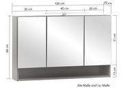Spiegelschrank mit drei Türen, Frontansicht, Maße: 100 cm Breite, 64 cm Höhe, 20 cm Tiefe, mit integrierter Beleuchtung oben.