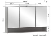 Spiegelschrank mit drei Türen, Frontansicht, Maße: 100 cm Breite, 64 cm Höhe, 20 cm Tiefe, mit integrierter Beleuchtung oben.