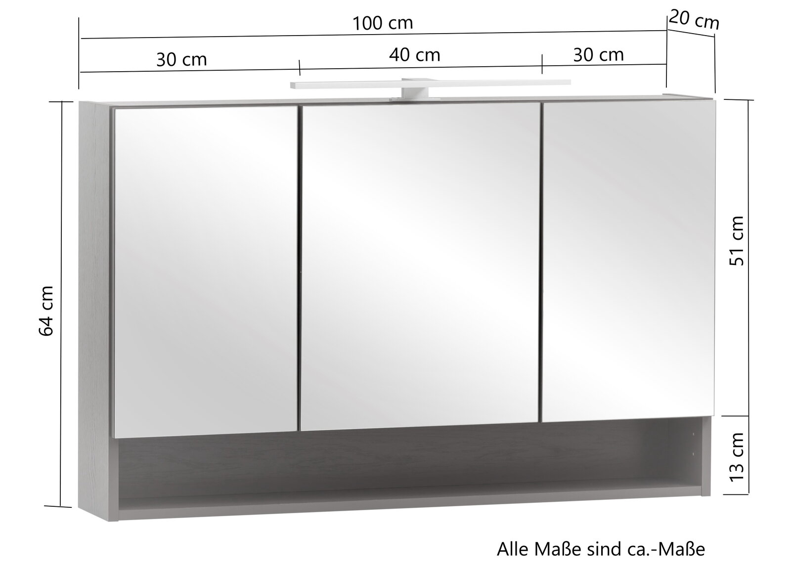Spiegelschrank mit drei Türen, Frontansicht, Maße: 100 cm Breite, 64 cm Höhe, 20 cm Tiefe, mit integrierter Beleuchtung oben.