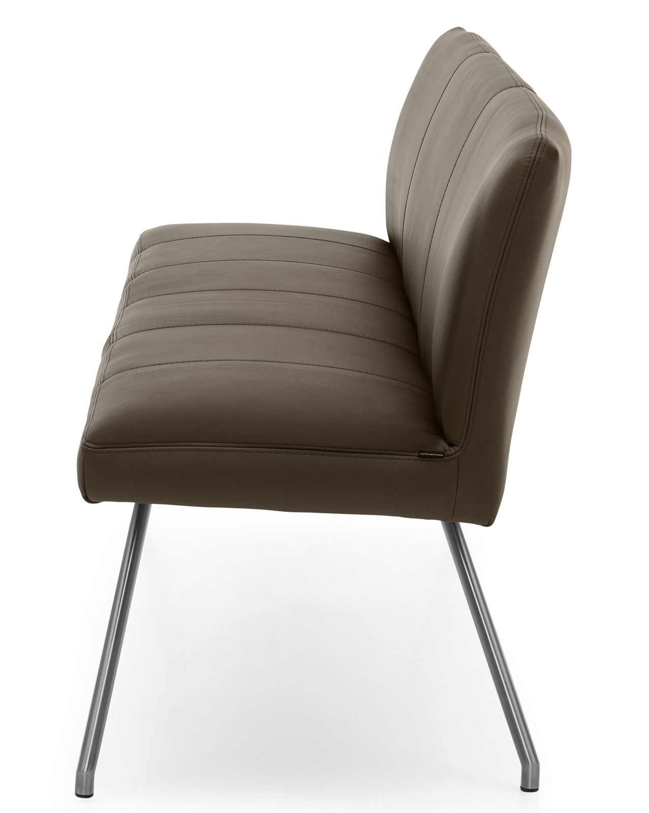 Seitenansicht einer modernen, braunen Bank mit Metallbeinen und gepolsterter Rückenlehne.