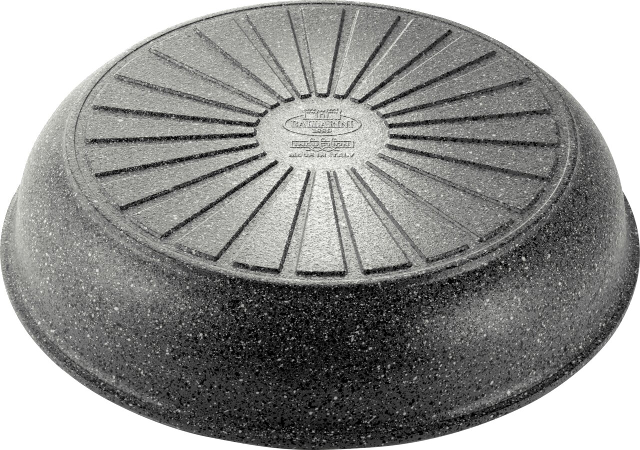 Unterseite einer Pfanne mit geriffeltem Boden und Aufschrift 'Made in Italy', Perspektive von unten.