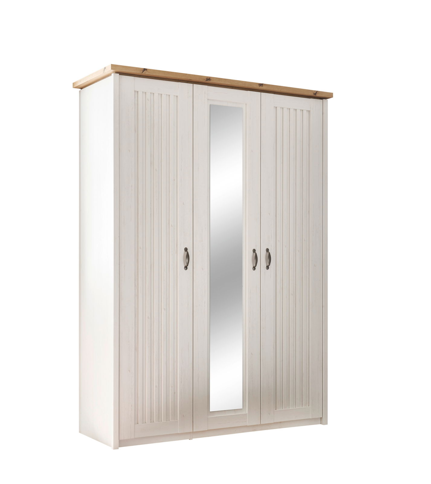 Weißer Kleiderschrank mit vier Türen, davon eine mit Spiegel, aus schräger Perspektive fotografiert.