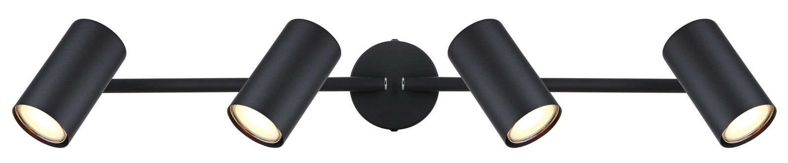 Moderner schwarzer Strahler mit vier verstellbaren Leuchten, seitliche Perspektive