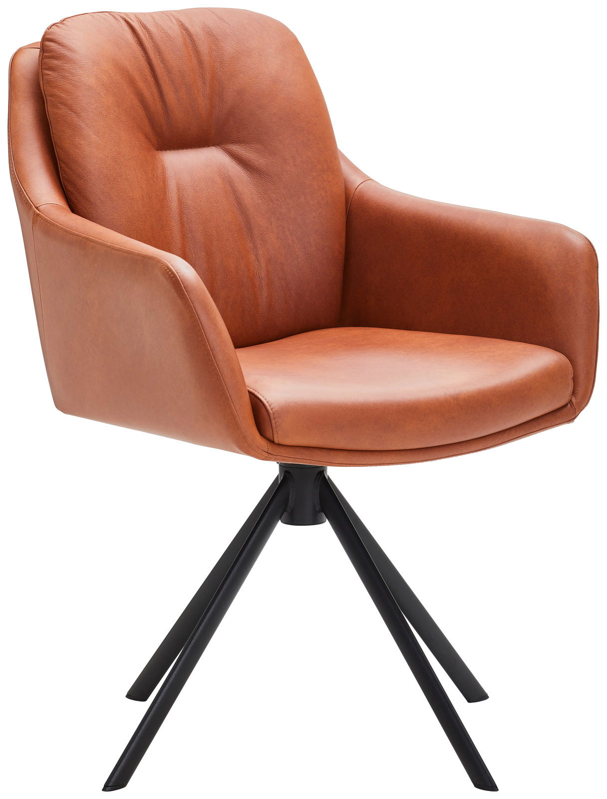 Moderner Armlehnstuhl aus braunem Leder mit schwarzem Metallgestell, seitliche Perspektive