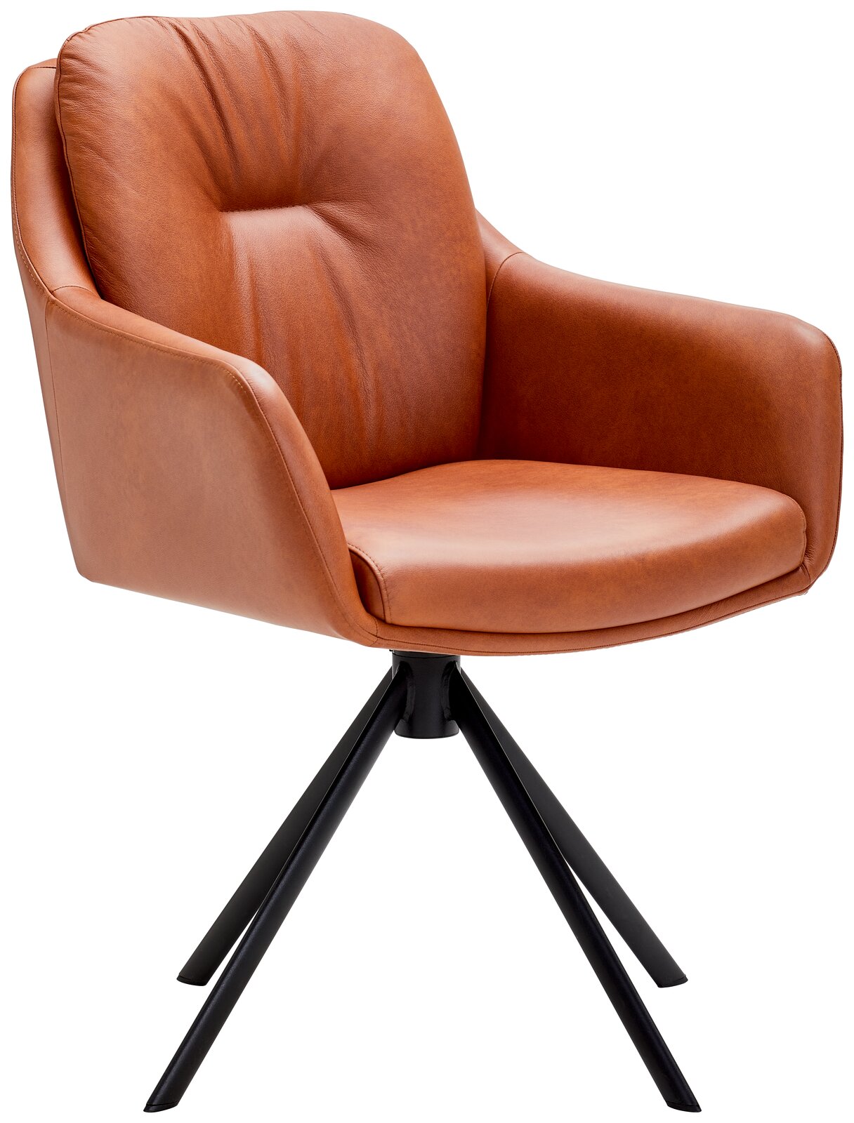 Moderner Armlehnstuhl aus braunem Leder mit schwarzem Metallgestell, seitliche Perspektive