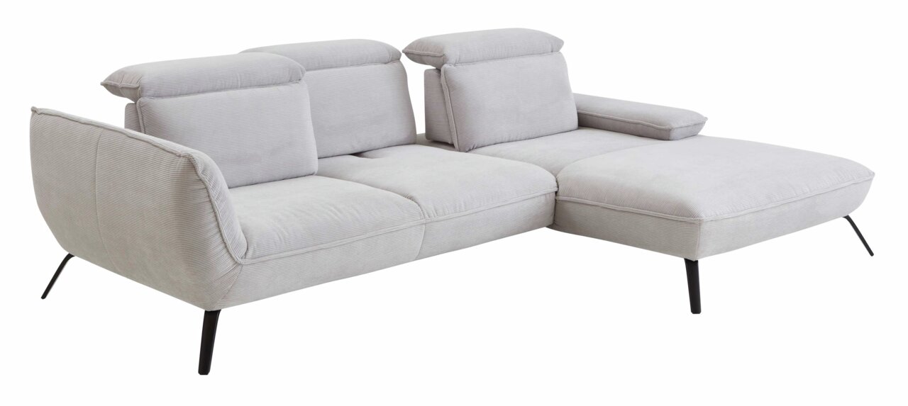Graues Longchair-Sofa mit verstellbaren Kopfstützen und schwarzen Metallbeinen, seitliche Perspektive