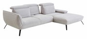 Graues Longchair-Sofa mit verstellbaren Kopfstützen und schwarzen Metallbeinen, seitliche Perspektive