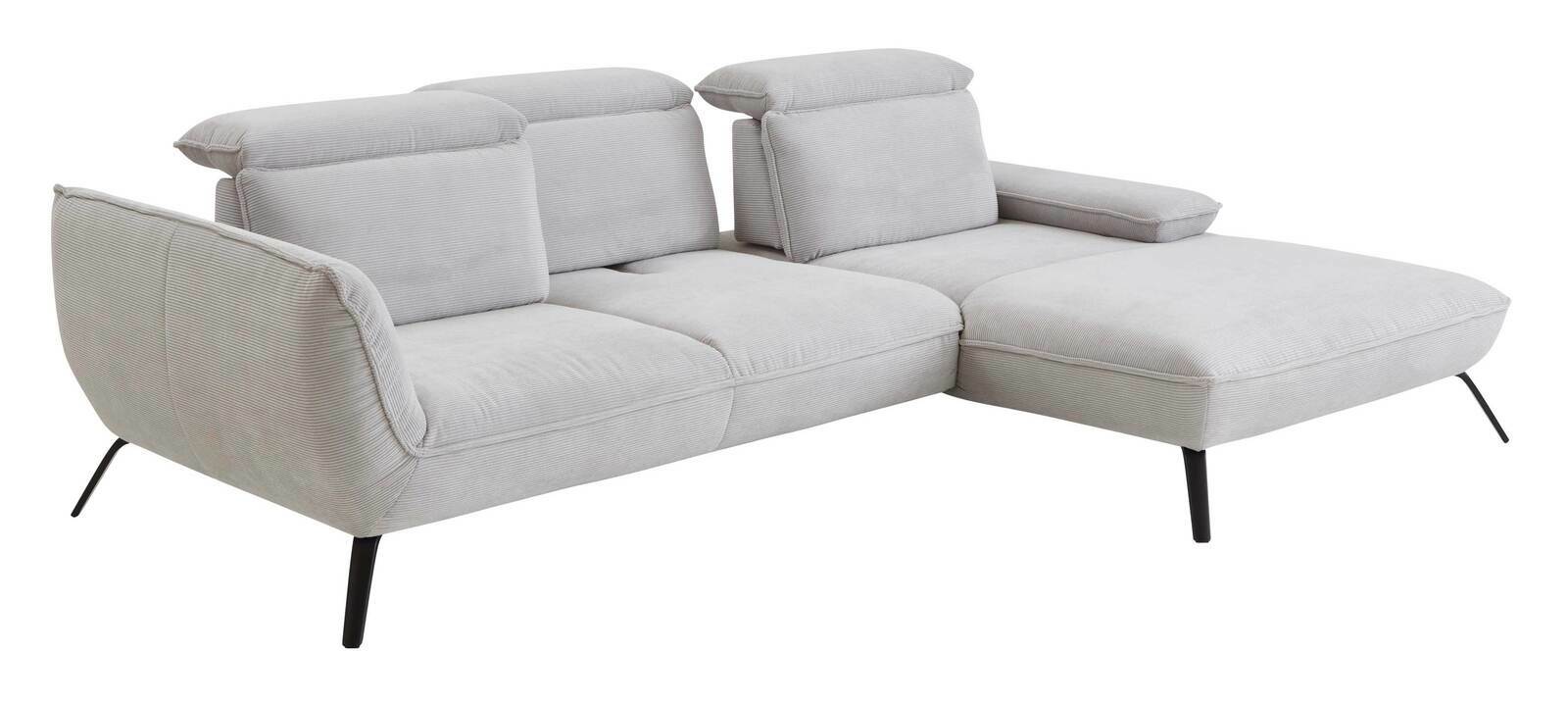 Graues Longchair-Sofa mit verstellbaren Kopfstützen und schwarzen Metallbeinen, seitliche Perspektive