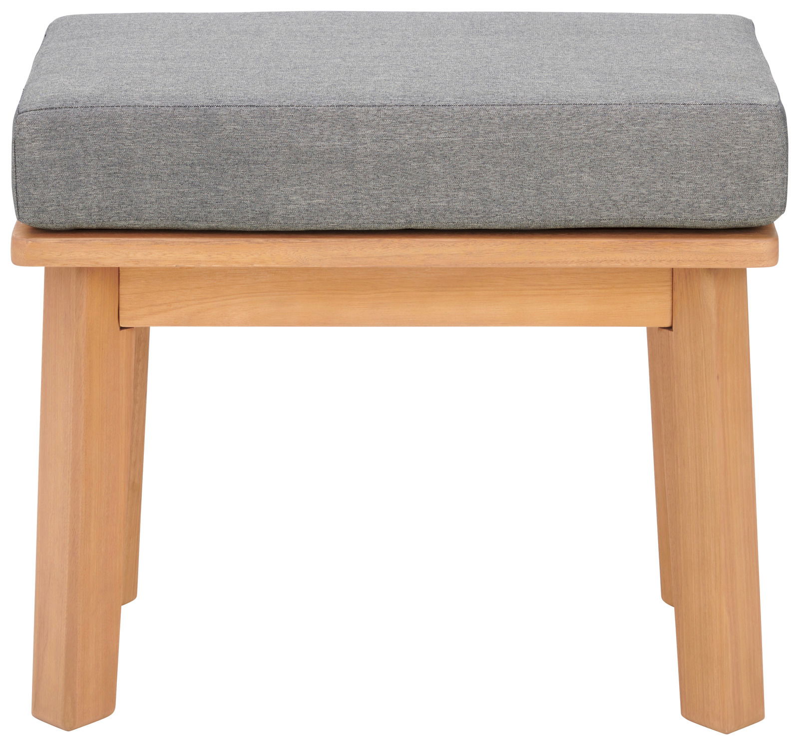 Gartenhocker mit Holzbeinen und grauem Polster, Frontalansicht