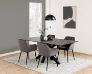 Moderner Esstisch mit dunkler Tischplatte und vier grauen Stühlen, seitliche Perspektive.