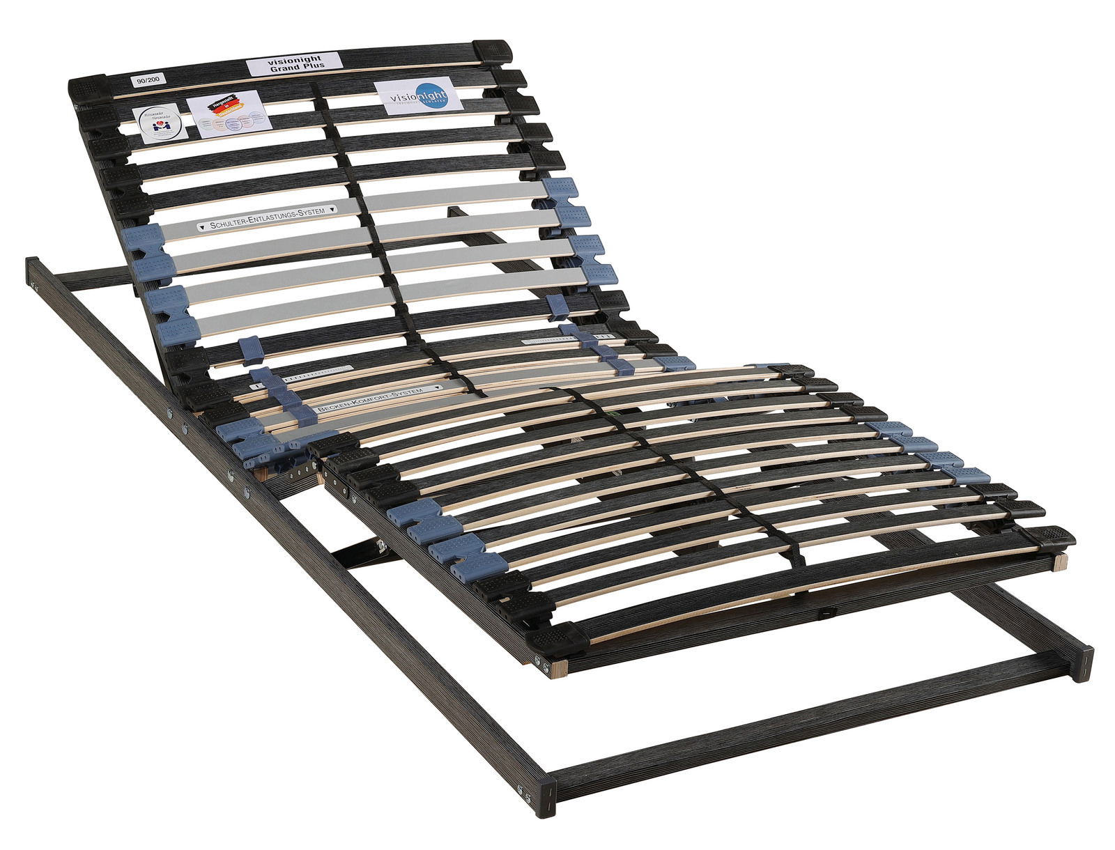 Elektrisch verstellbarer Federholzrahmen mit blauen und schwarzen Leisten, seitliche Perspektive