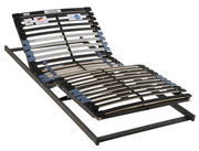 Elektrisch verstellbarer Federholzrahmen mit blauen und schwarzen Leisten, seitliche Perspektive