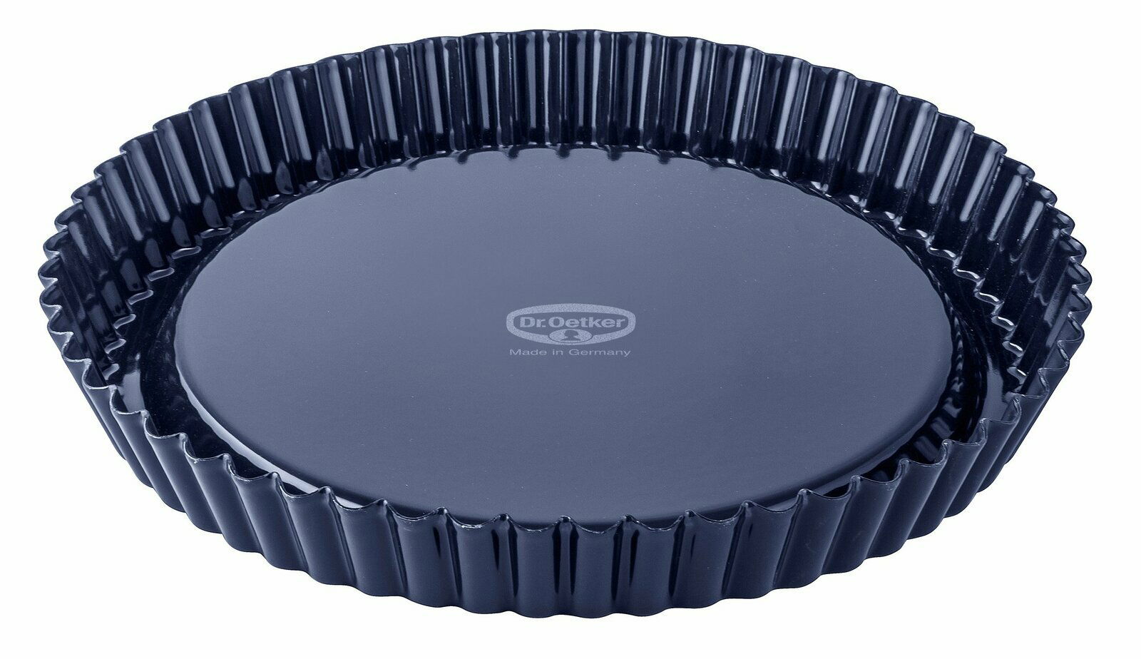 Obstkuchenform 28 cm von Dr. Oetker, aus der Vogelperspektive fotografiert, mit gewelltem Rand und glatter Oberfläche.