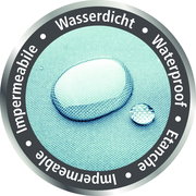 Nahaufnahme eines wasserabweisenden Materials mit Wassertropfen, perspektivisch von oben.