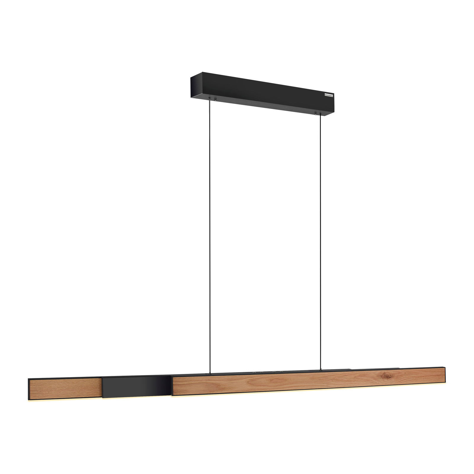 Moderne Pendelleuchte PURE-MOTO-RISE in seitlicher Perspektive, mit schwarzem Gehäuse und Holzelementen.