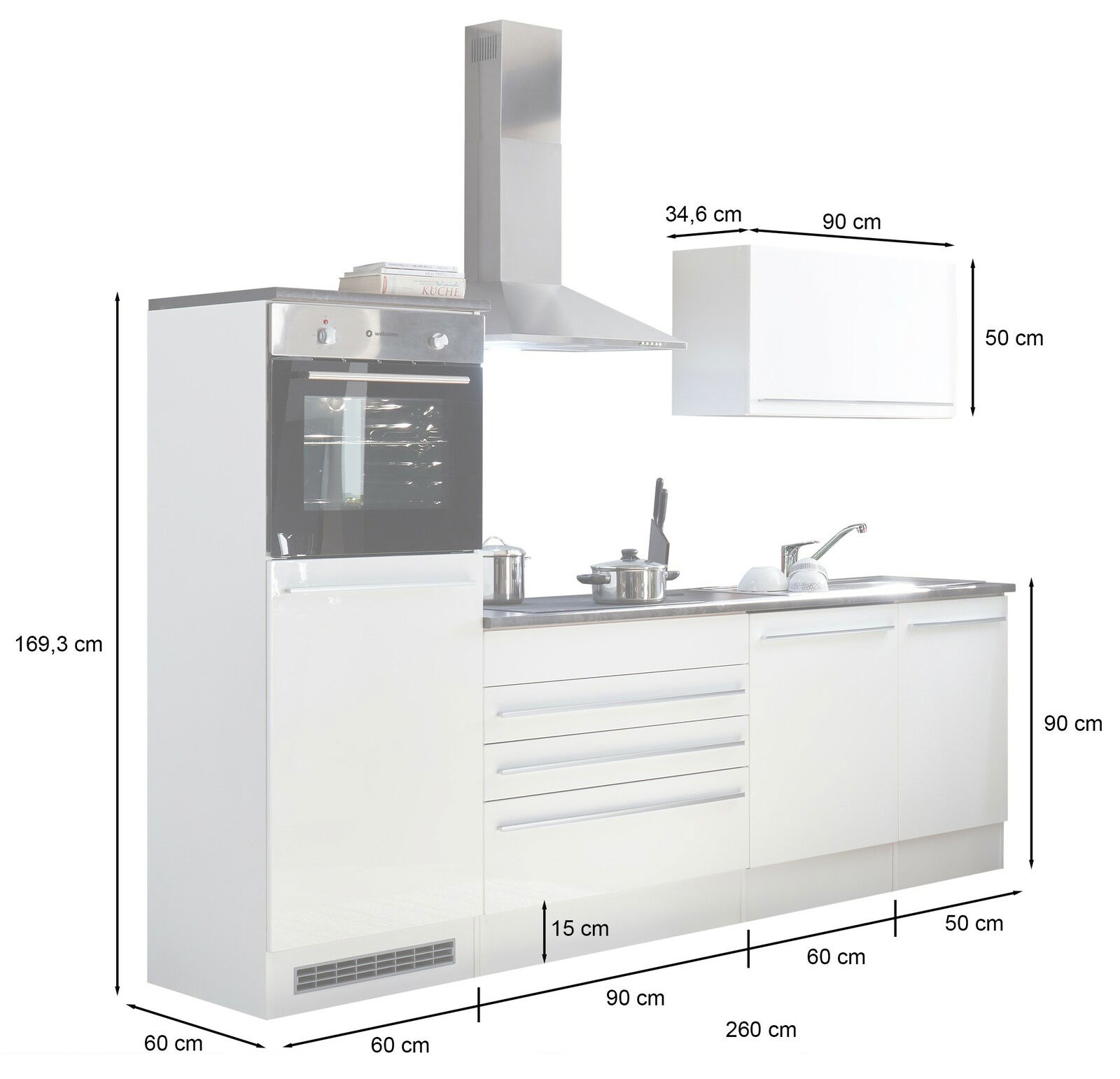 Küchenblock 260 in moderner Frontansicht mit integriertem Backofen, Dunstabzugshaube, Spüle und mehreren Schubladen, Gesamtbreite 260 cm.