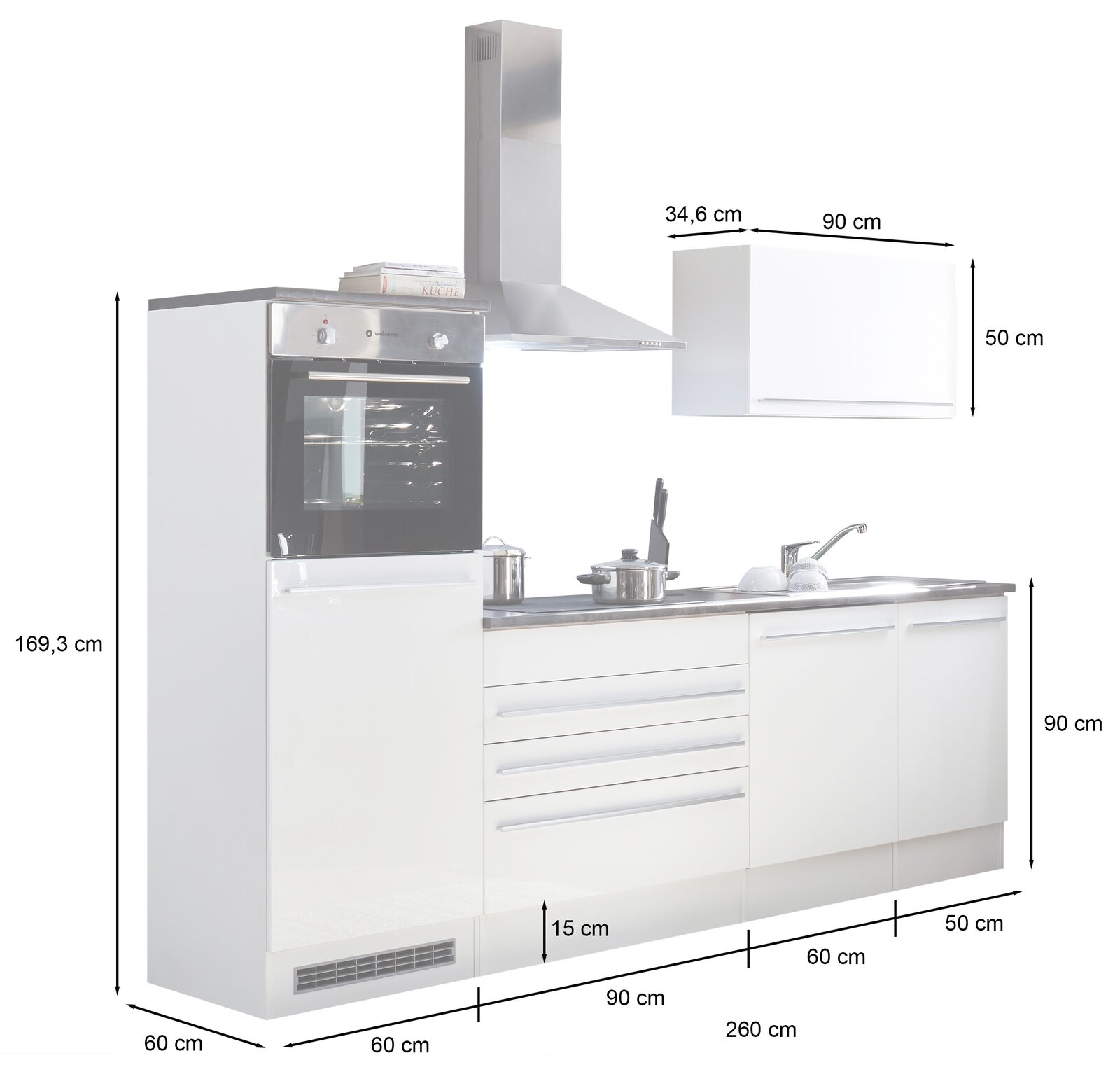 Küchenblock 260 in moderner Frontansicht mit integriertem Backofen, Dunstabzugshaube, Spüle und mehreren Schubladen, Gesamtbreite 260 cm.
