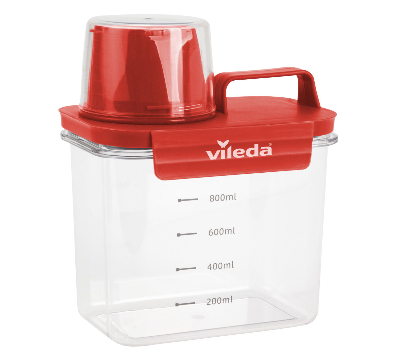Vileda Waschmittelbox Transparente Waschmittelbox mit rotem Deckel und Messbecher, seitliche Perspektive