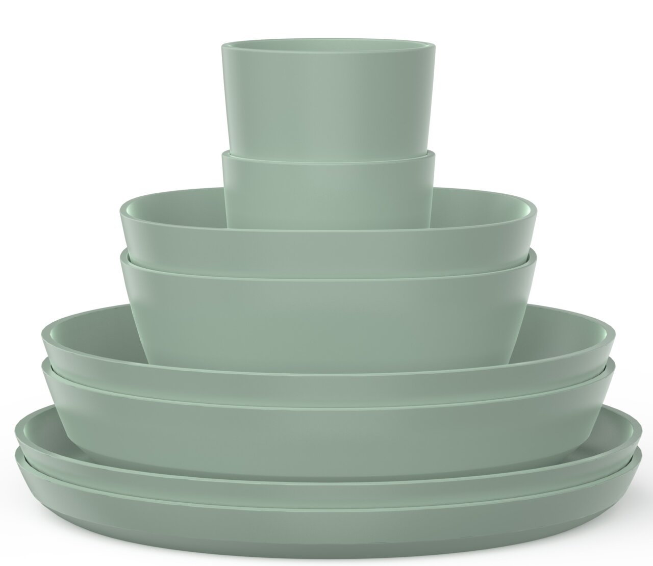 Stapel von grünen Schüsseln und Tellern, seitliche Perspektive
