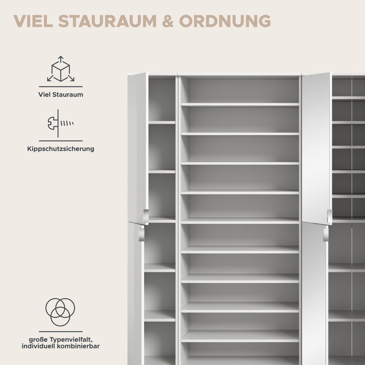 Frontale Ansicht einer Garderobenkombination mit viel Stauraum und Kippschutzsicherung, große Typenvielfalt, individuell kombinierbar.