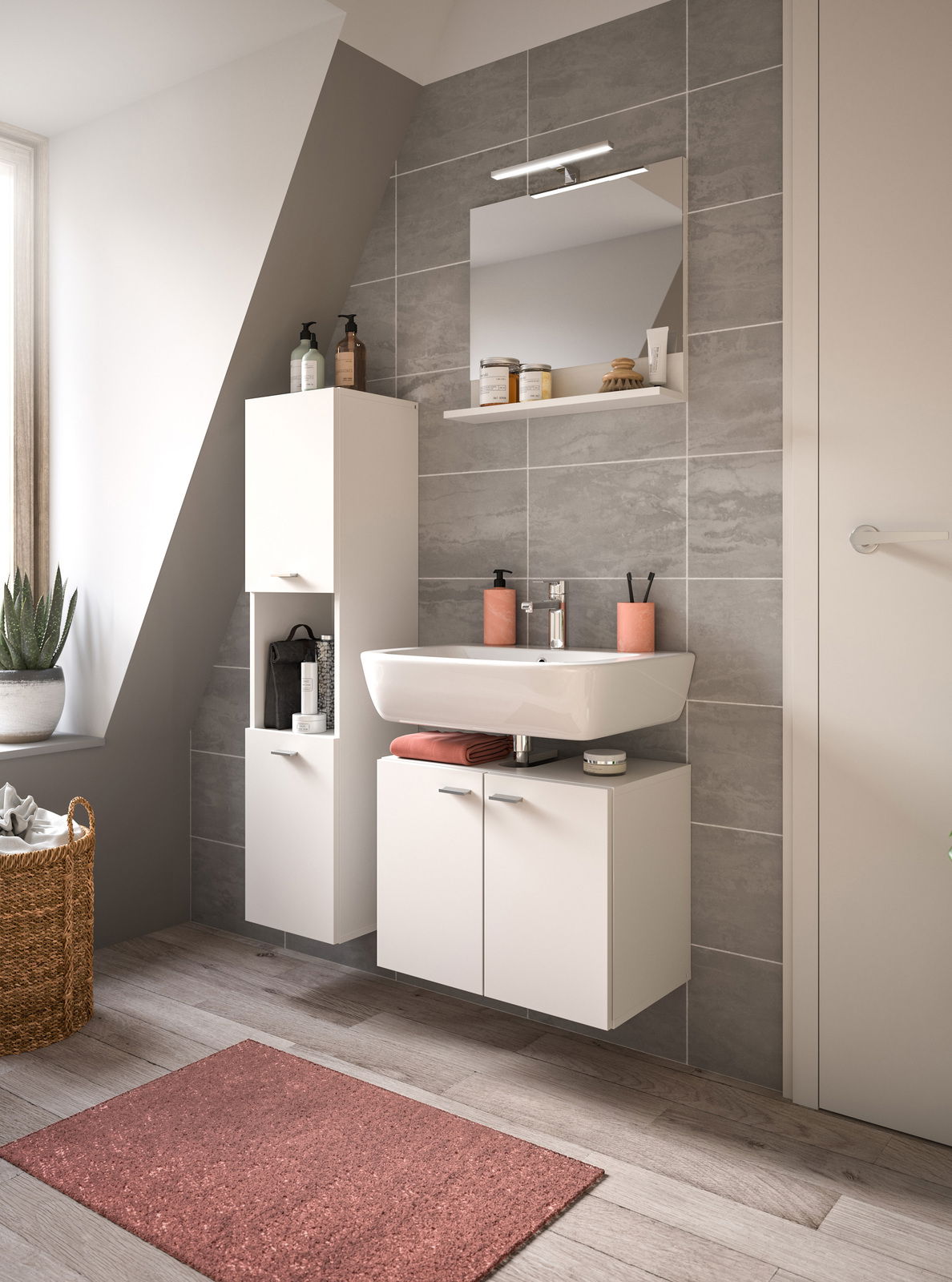 Moderne Badkombination BOSTON mit weißem Waschtisch, Spiegel und Stauraum, seitliche Perspektive