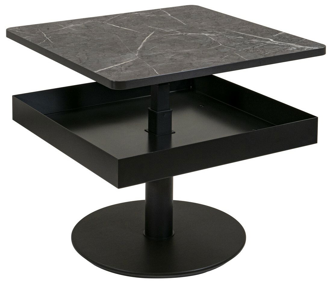Moderner Couchtisch mit quadratischer, grauer Marmorplatte und schwarzem Metallgestell, seitliche Perspektive