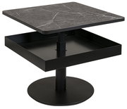 Moderner Couchtisch mit quadratischer, grauer Marmorplatte und schwarzem Metallgestell, seitliche Perspektive