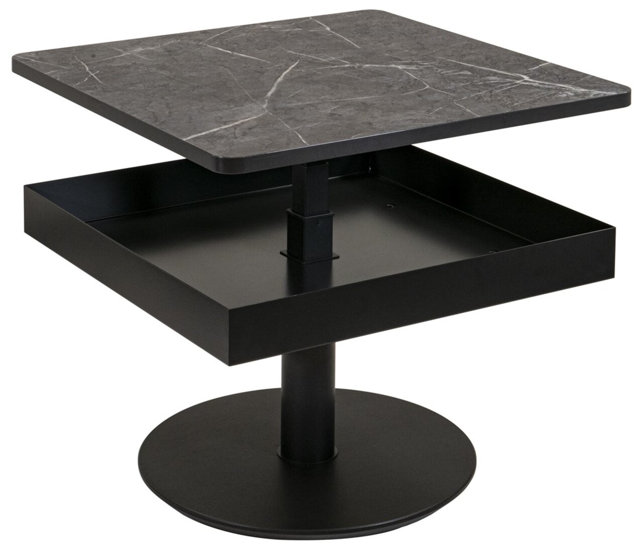 Moderner Couchtisch mit quadratischer, grauer Marmorplatte und schwarzem Metallgestell, seitliche Perspektive