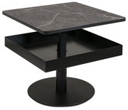 Moderne salontafel met vierkant, grijs marmeren blad en zwart metalen onderstel, zijaanzicht