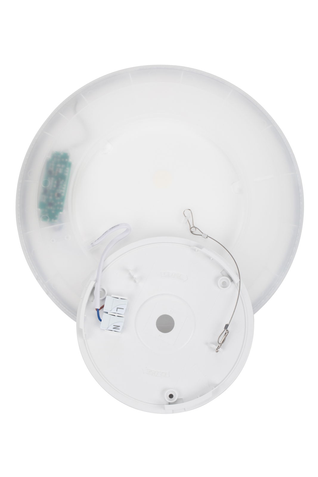 LED-Deckenleuchte von unten mit sichtbarer Verkabelung und Befestigungselementen