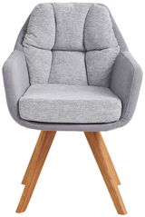 Grauer Sessel mit gepolsterter Rückenlehne und Holzbeinen, Frontalansicht