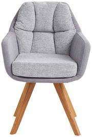 Grauer Sessel mit gepolsterter Rückenlehne und Holzbeinen, Frontalansicht