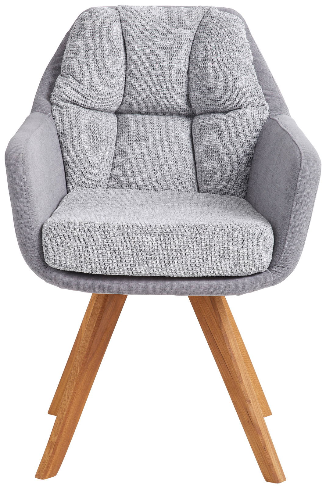 Grauer Sessel mit gepolsterter Rückenlehne und Holzbeinen, Frontalansicht