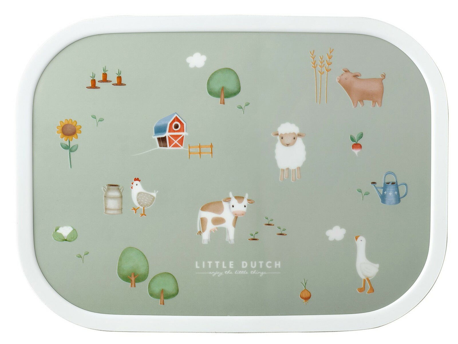Lunchset Campus Little Farm mit Bauernhofmotiven, aus der Vogelperspektive fotografiert.