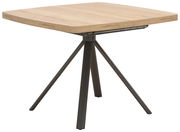 Moderner Esstisch mit quadratischer Holzplatte und schwarzem Metallgestell, seitliche Perspektive